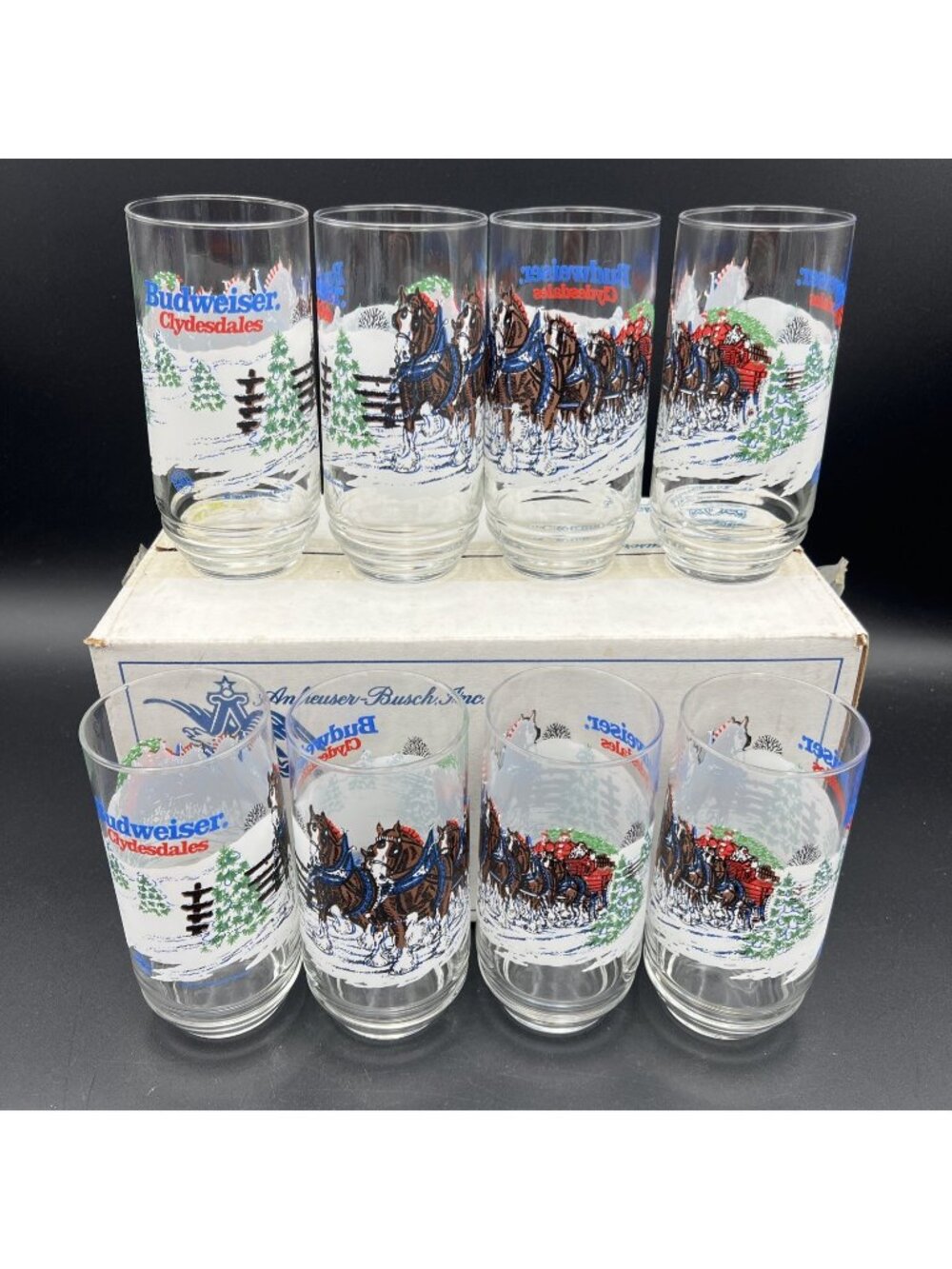 8 Budweiser Indiana Glass Clydesdales Drinking Glasses Anheuser Busch w Box 1995